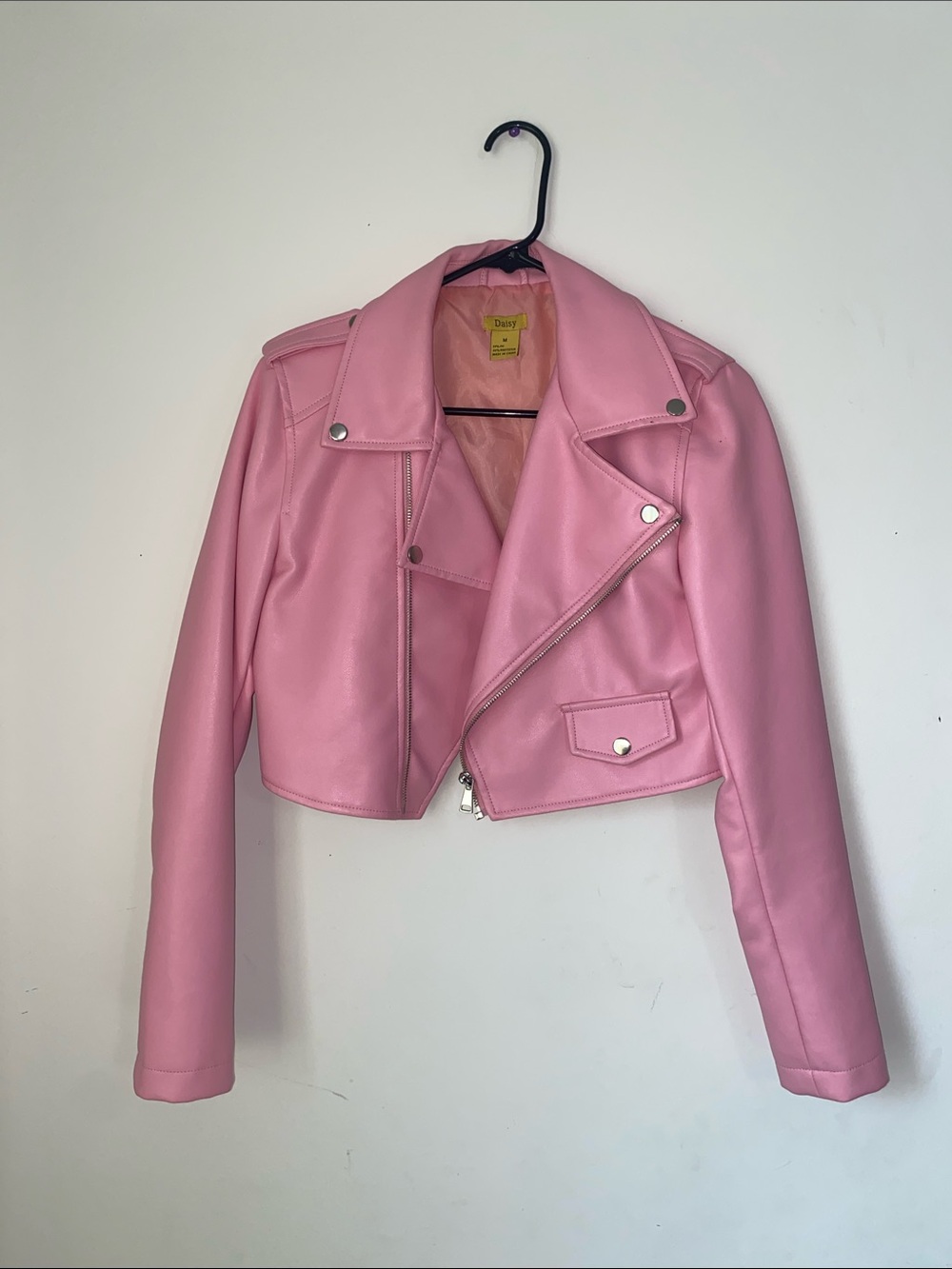 Daisy Pink Cropped Faux Leather Moto Jacket